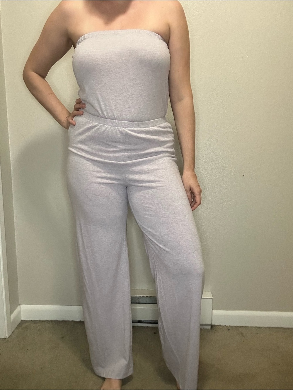 American Apparel Made in USA Strapless Wide Leg Jumpsuit Lavender Medium